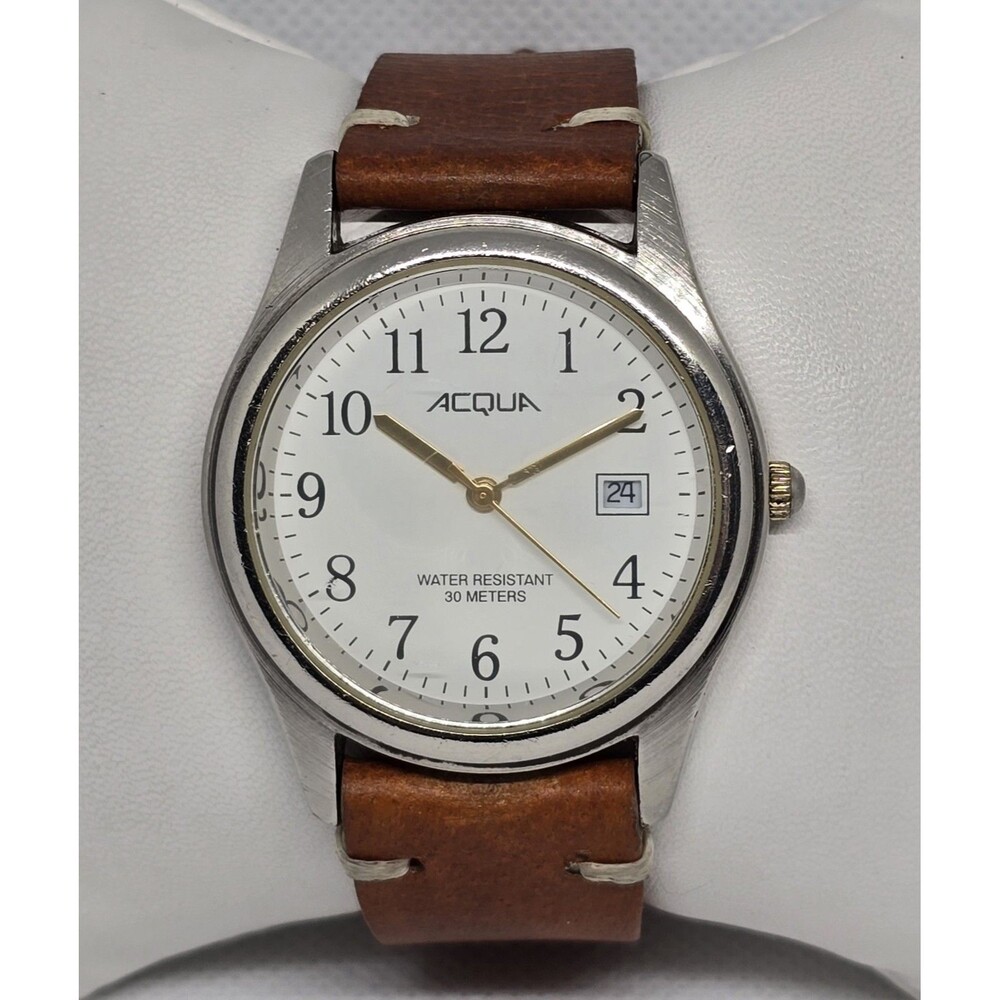 Men's Acqua by Timex Indiglo Classic Silver Tone Date Brown Leather Watch 14